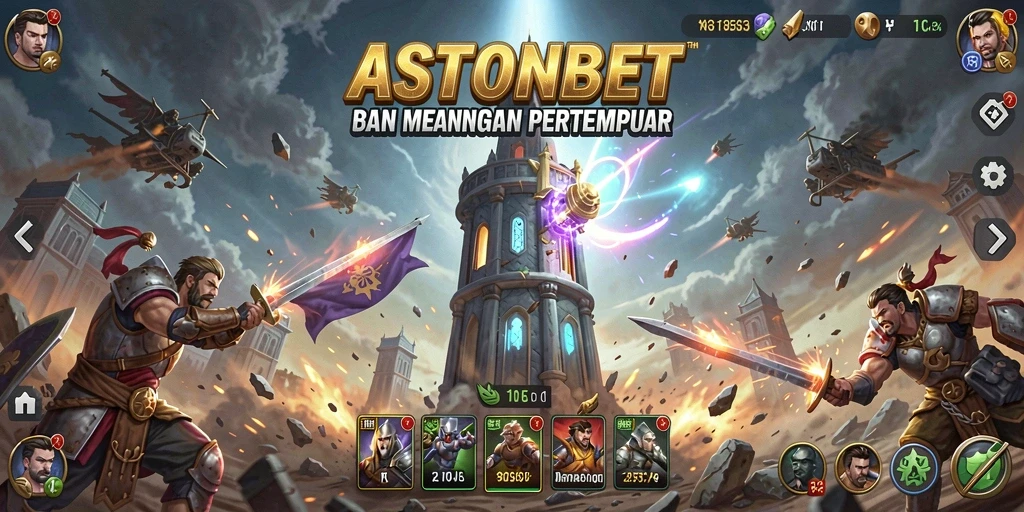 Screenshot gameplay ASTONBET yang menunjukkan pertahanan menara yang intens.