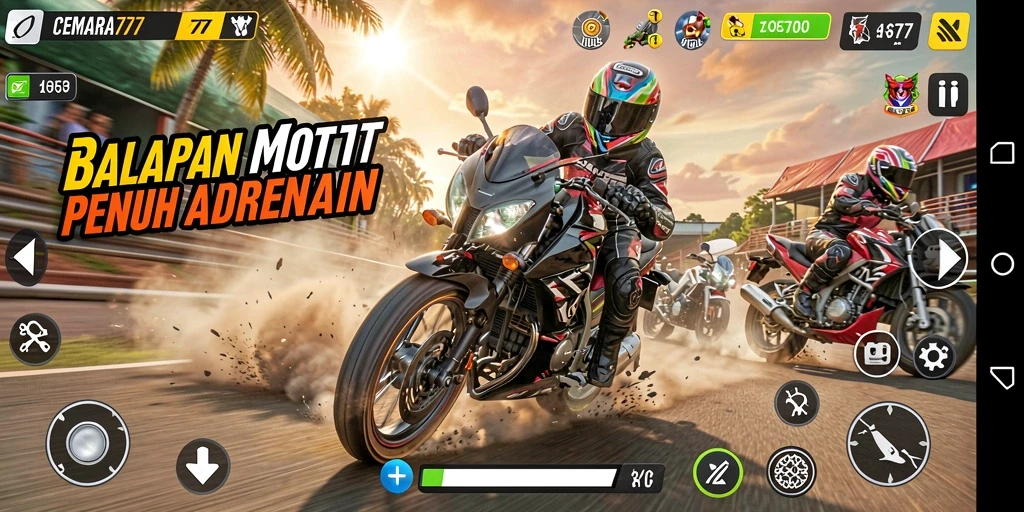 Screenshot gameplay CEMARA777 menampilkan aksi balapan motor yang seru.