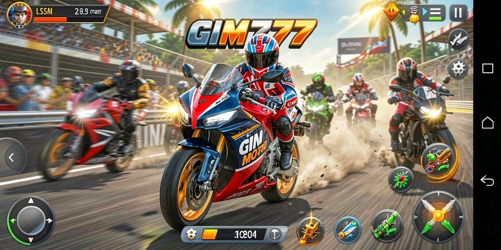 Tampilan gameplay GIM777 yang penuh aksi saat balapan motor.
