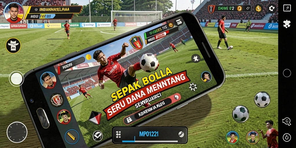 Screenshot gameplay MPO1221 menampilkan aksi sepak bola yang menegangkan.