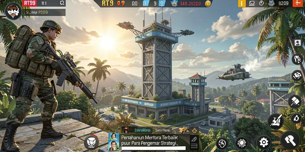 Tampilan dalam game RT99 yang menampilkan aksi menara pertahanan.