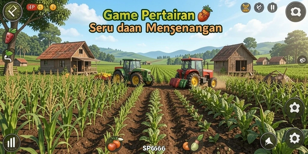 Tampilan gameplay SP666 dengan lahan pertanian yang subur dan tanaman yang beragam.